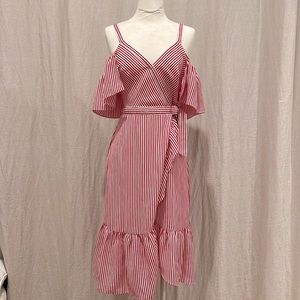 Club Monaco Red and White Seersucker Cocktail Dress Wrap Style